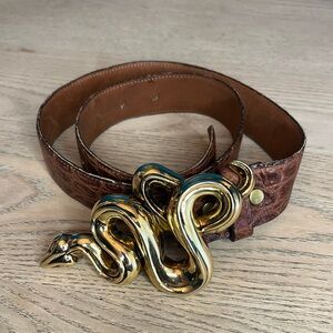 Kieselstein-Cord Snake Serpent Large Gold Buckle Brown Alligator Belt RARE